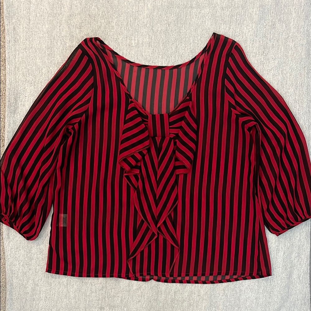 Red and Black Asymmetrical Puff Sleeve Blouse